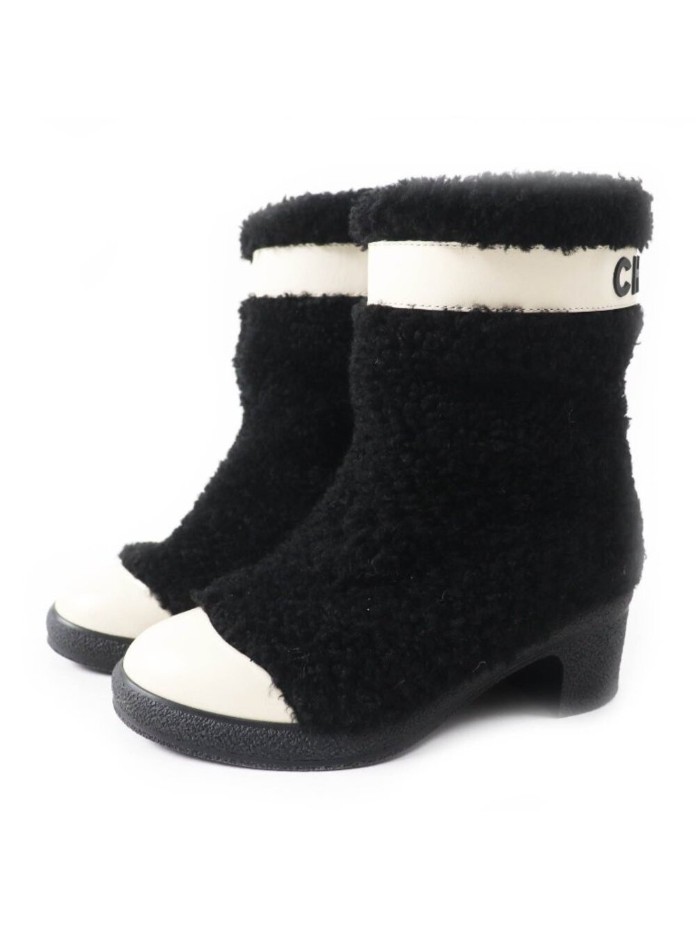 Chanel CC Logo Leather Shearling Boots Short Black White